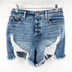 Good American High Waist Distressed Blue Shorts
